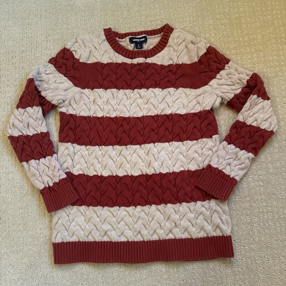 Lands' End Youth Sweater in Red and Cream Stripes